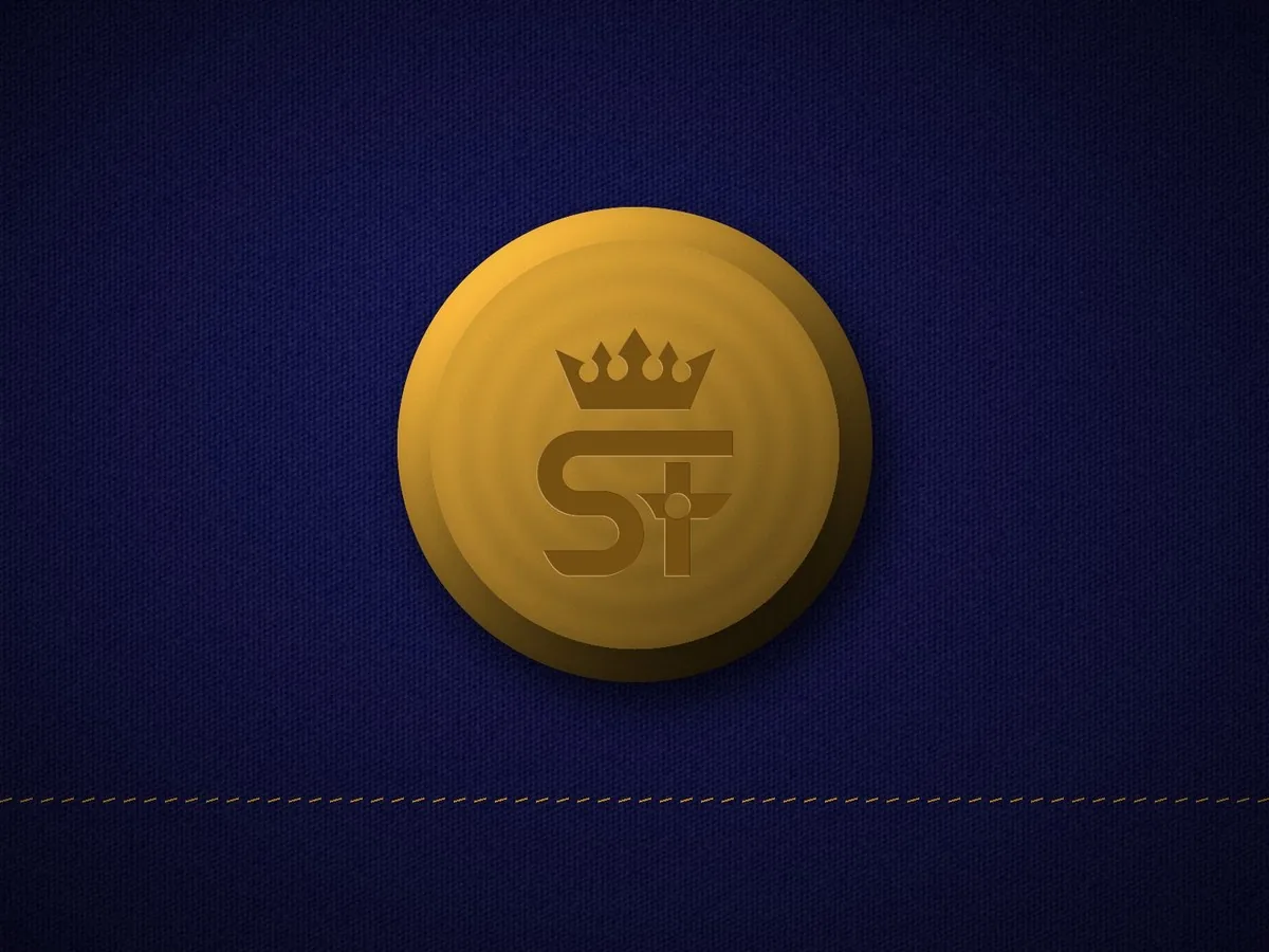 Gold blazer button engraved with the crowned SF monogram on navy wool