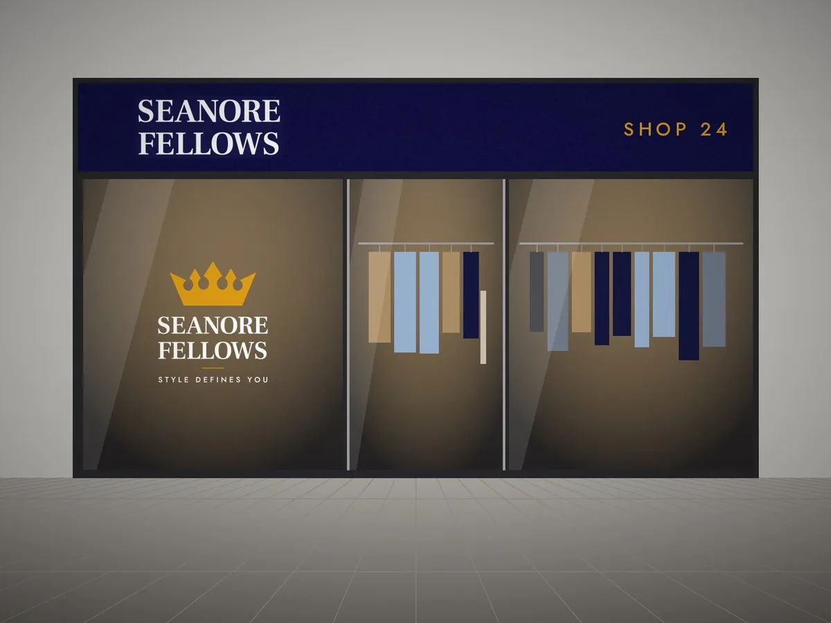 Seanore Fellows shopfront: a navy fascia with the white wordmark and SHOP 24, and the slogan lockup on the window